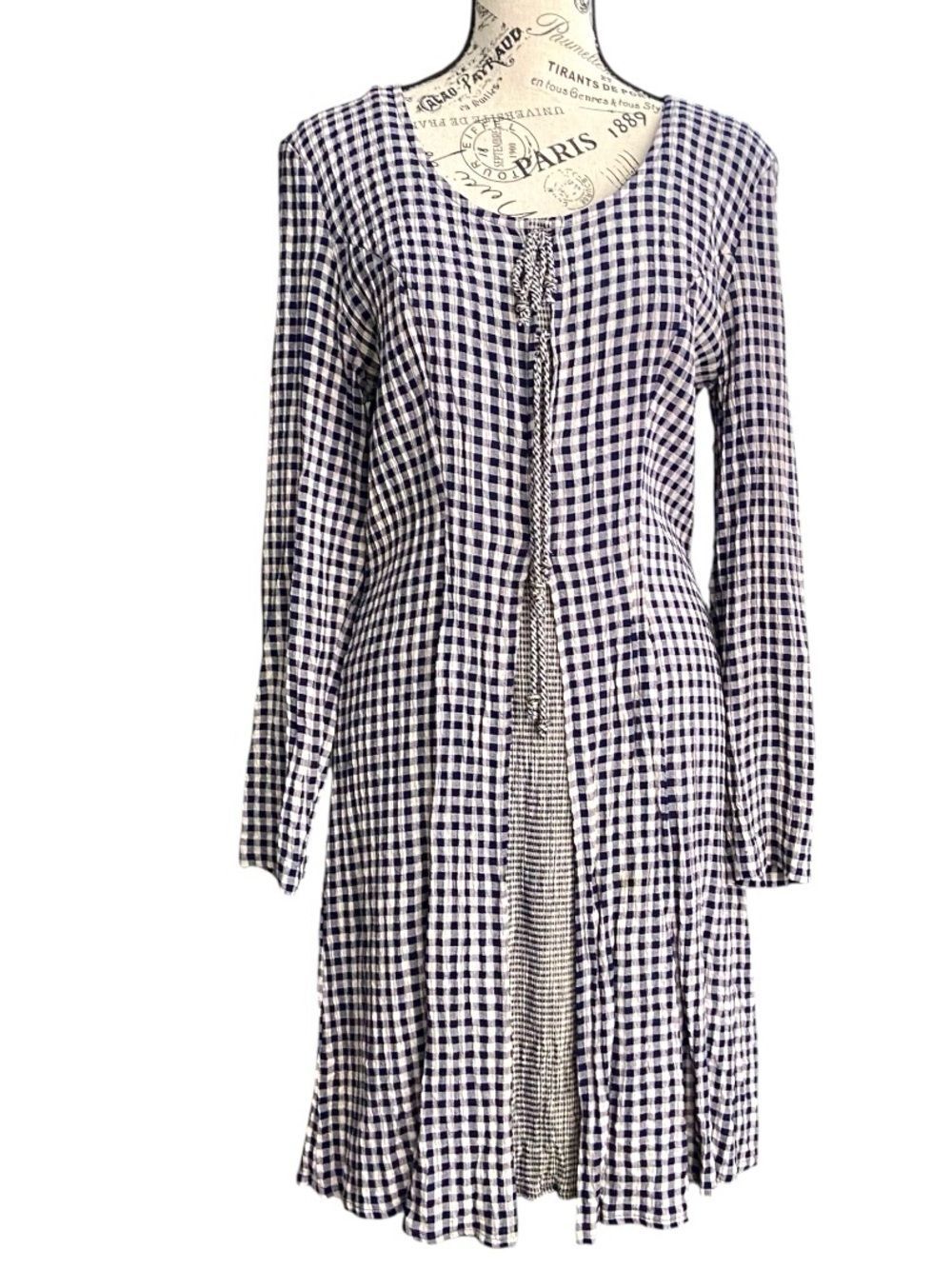 Vintage Ultra Dress Long Sleeve Gingham Dress in Navy & White in 10 Made in USA